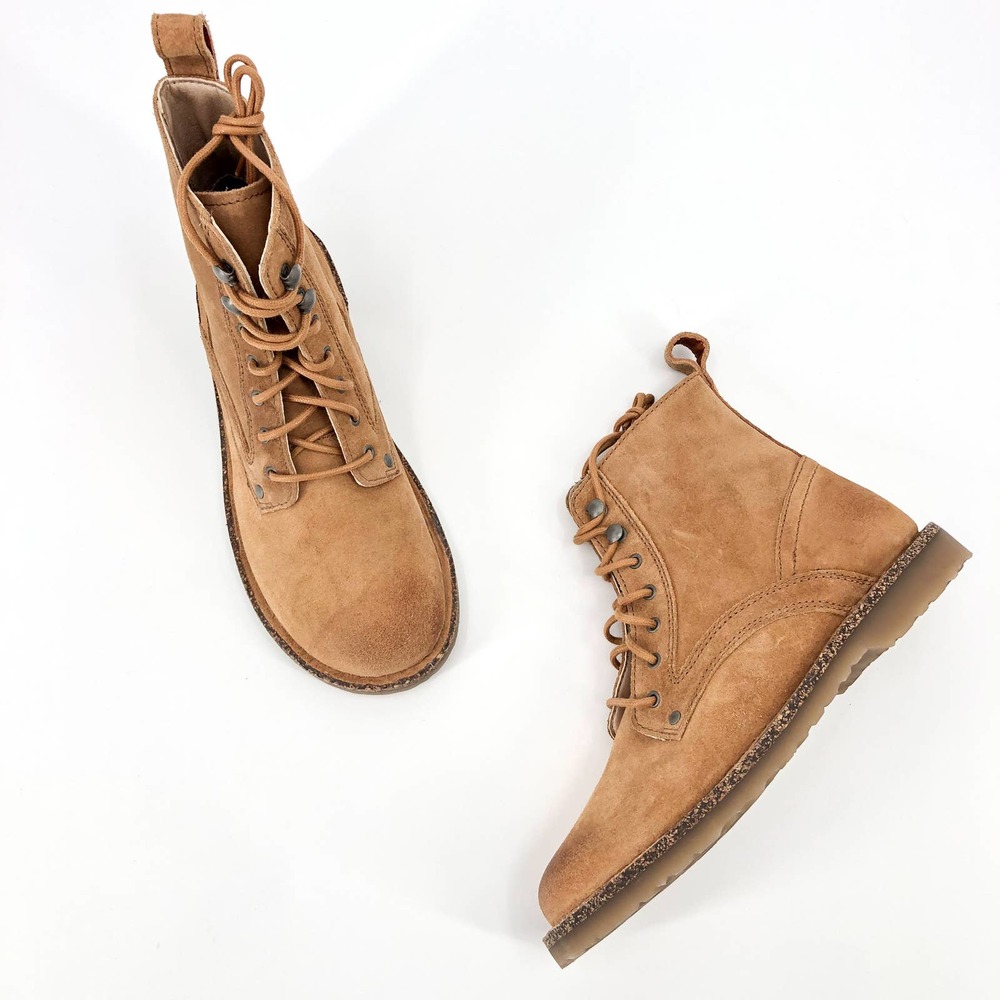 EUC Birkenstock Bryson Lace-Up Cashew Round Toe Suede Leather Boots US 9/9.5
